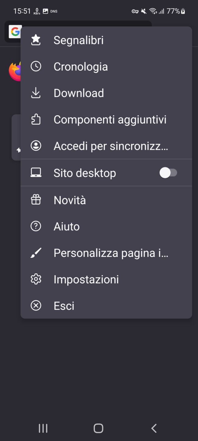 Firefox Android - menu