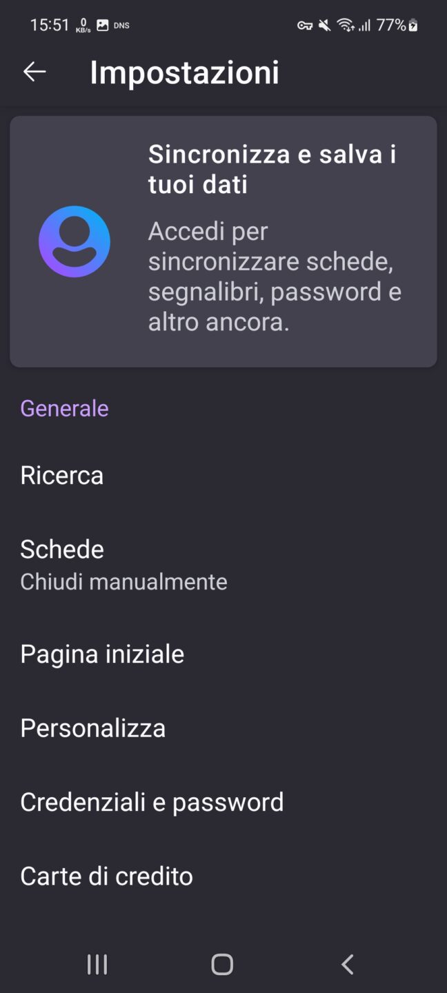 Firefox Android - menu impostazioni