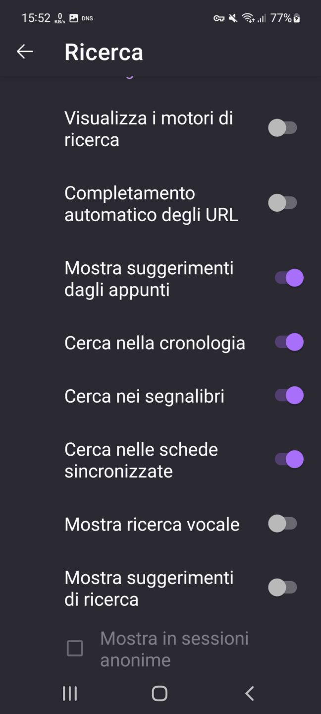 Firefox Android - Impostazioni - Ricerca