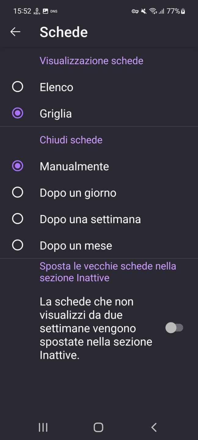 Firefox Android - menu impostazioni - Schede