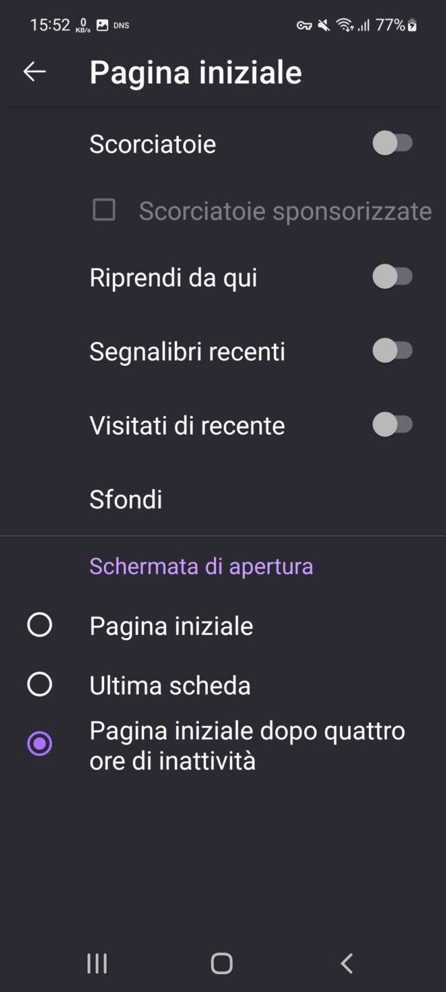 Firefox Android - impostazioni - Pagina iniziale