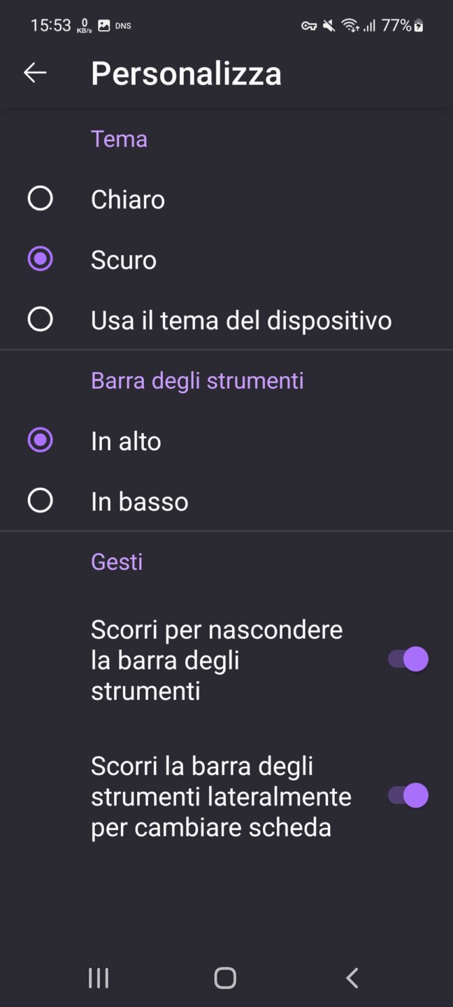 Firefox Android - impostazioni - Personalizza