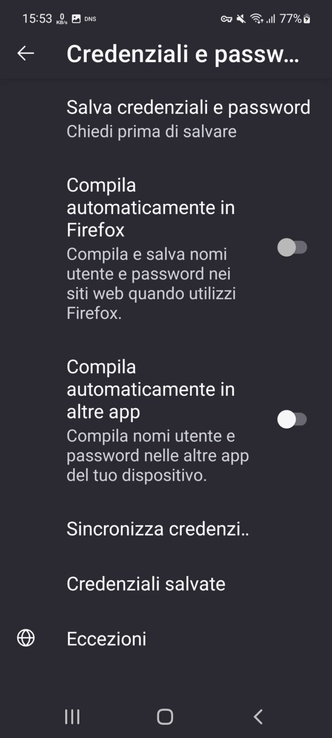 Firefox Android - impostazioni - Credenziali e Password