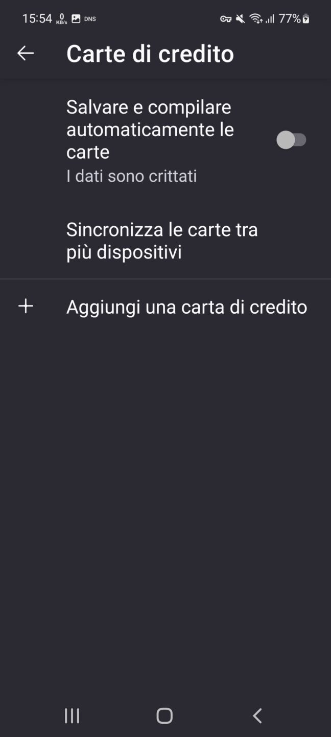 Firefox Android - impostazioni - Carte di credito