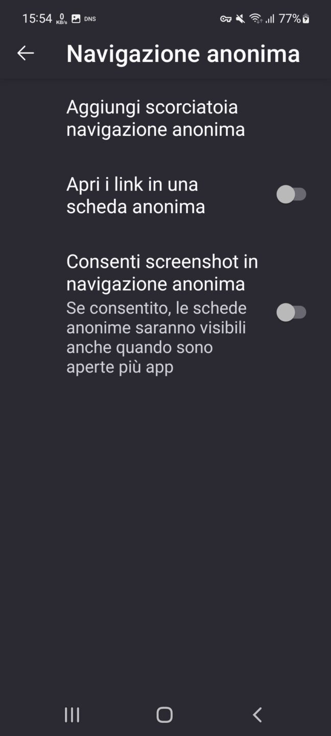 Firefox Android - Impostazioni - Navigazione Anonima