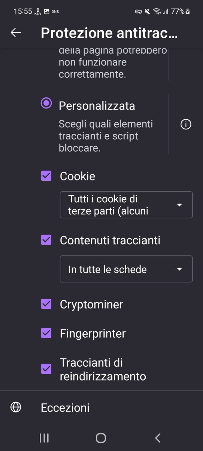 Firefox Android - Protezione antitracciamento - parte 2