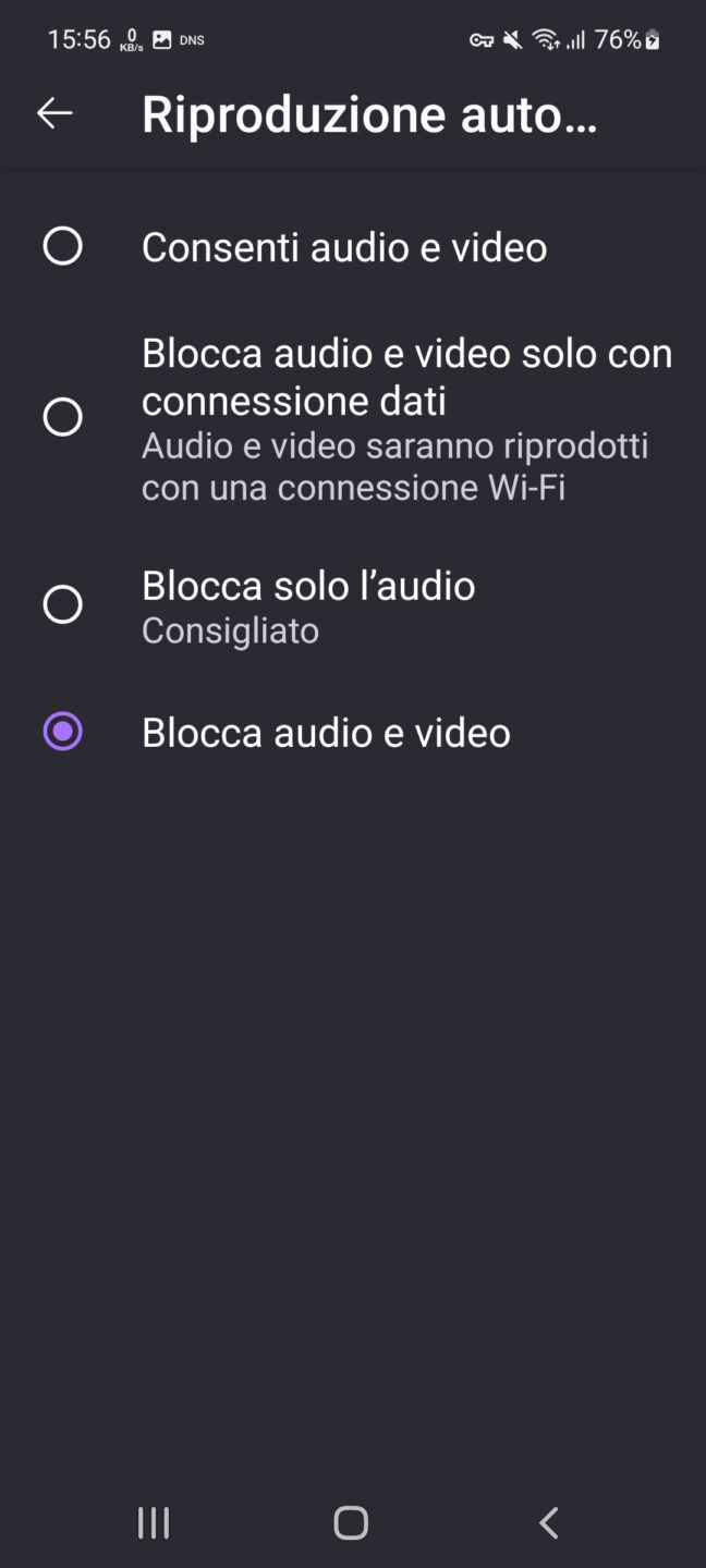 Firefox Android - Impostazioni - Riproduzione Automatica