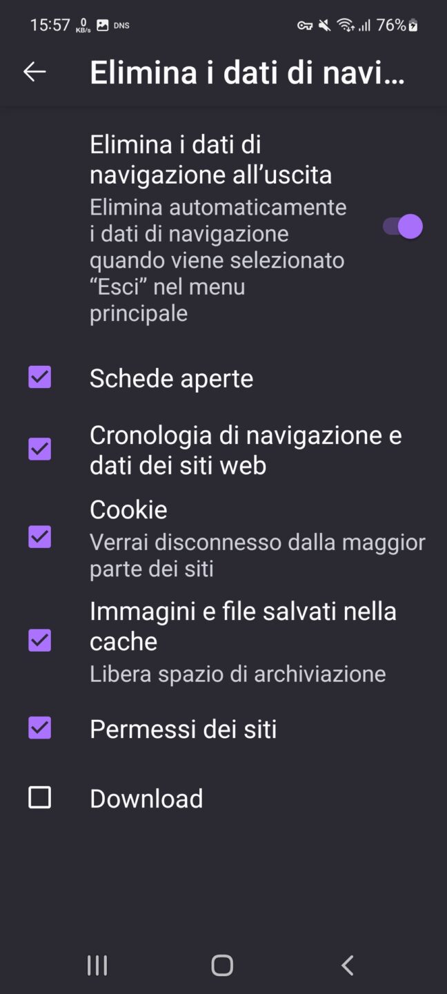 Firefox Android - Impostazioni - Elimina dati di navigazione 