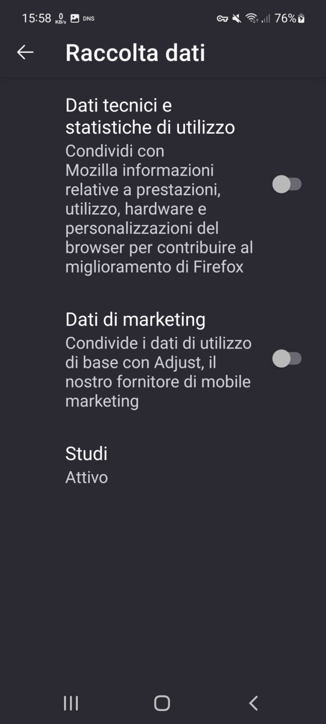 Firefox Android  - Impostazioni - Raccolata dati