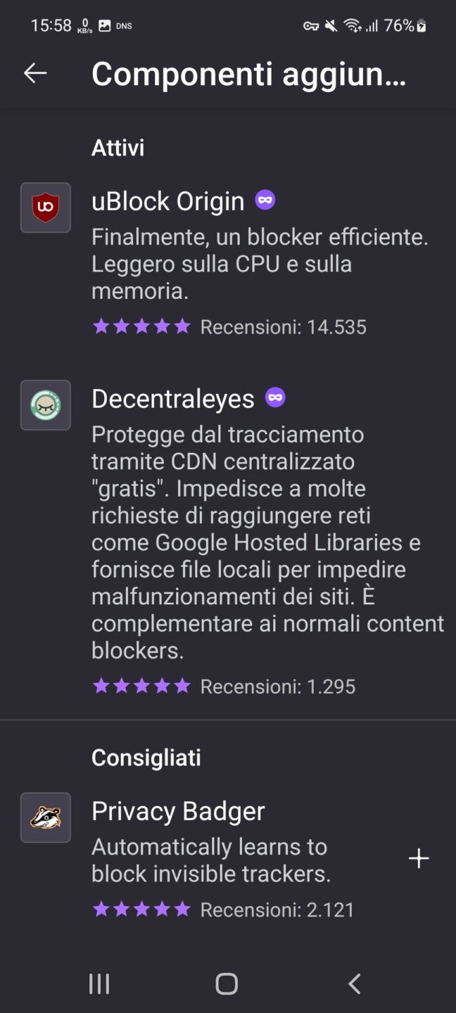 Firefox Android - Impostazioni - Componenti aggiuntivi