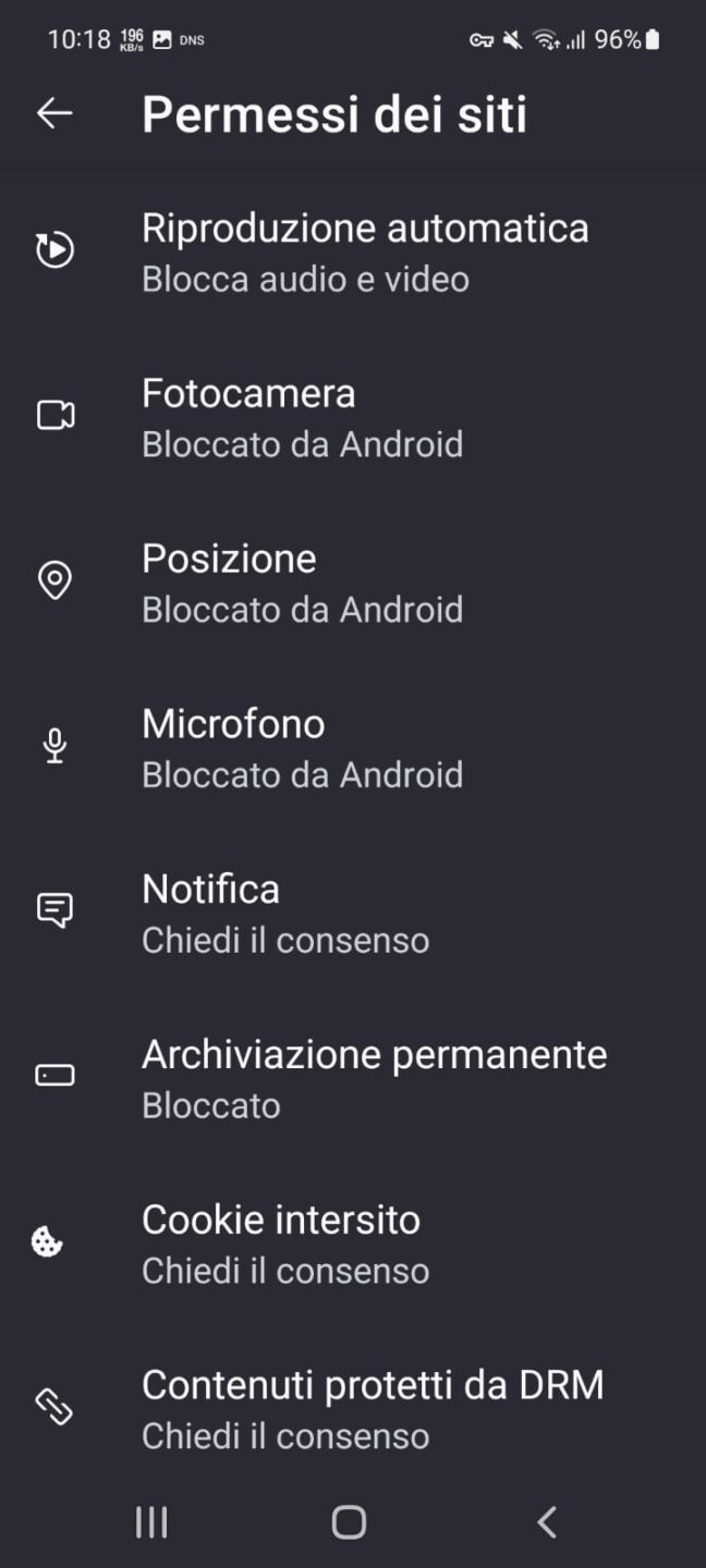 Firefox Android - Impostazioni - Permessi dei siti